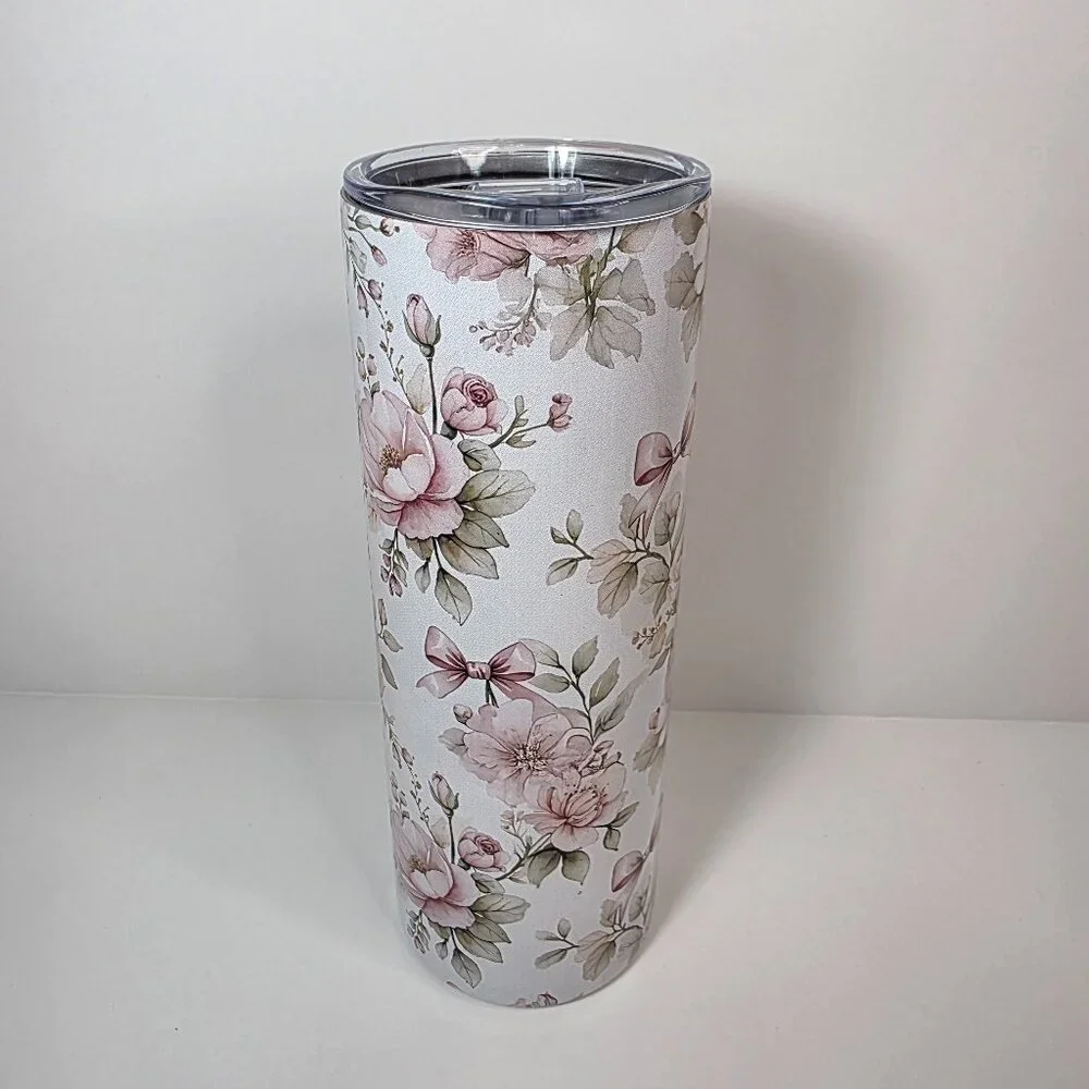 Pink Floral Cottagecore 20 oz Skinny Tumbler | Vintage Roses Bow Aesthetic - Picture 3 of 7